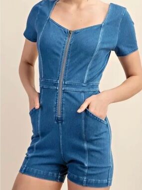 Blue Denim Zip-Front Short Romper
